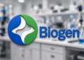 Logo de Biogen flotando frente a laboratorio biotecnológico moderno.