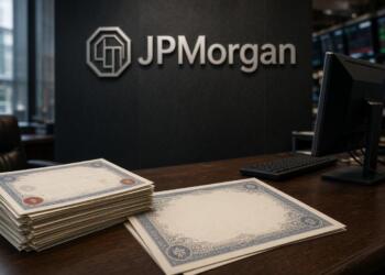 Escritorio con certificados de bonos y logo de JPMorgan al fondo.