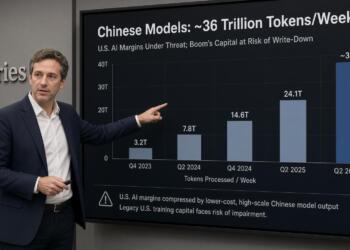 Un analista de Jefferies señala un gráfico sobre el volumen de tokens chinos en pantallas.