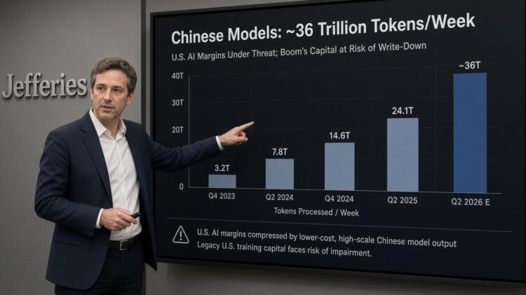 Un analista de Jefferies señala un gráfico sobre el volumen de tokens chinos en pantallas.