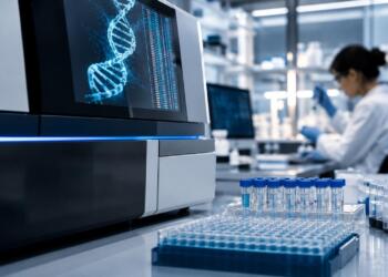 Equipo de secuenciación genética en un laboratorio de biotecnología.