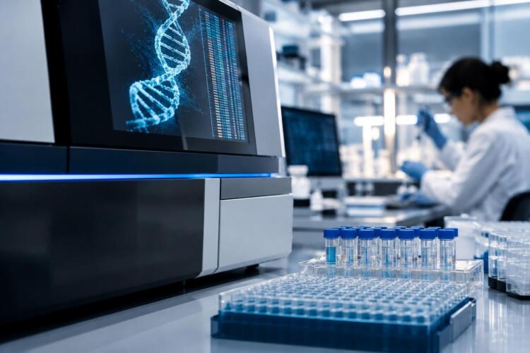 Equipo de secuenciación genética en un laboratorio de biotecnología.