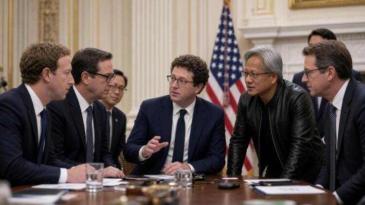 Líderes de la industria tecnológica discuten sentados alrededor de una mesa ejecutiva.