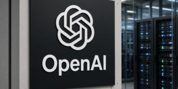 Logo de OpenAI en pared de centro de datos o infraestructura de IA.