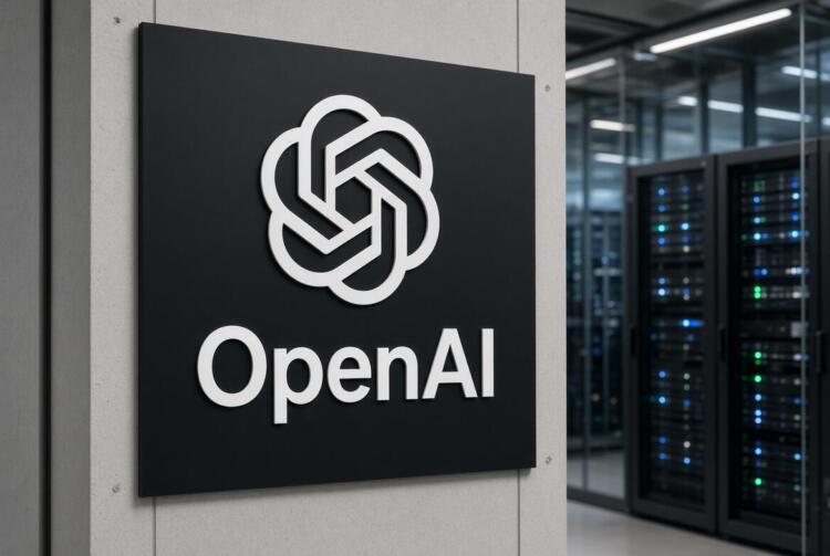 Logo de OpenAI en pared de centro de datos o infraestructura de IA.