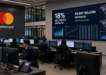 Empleados trabajan en una oficina frente a pantallas con datos financieros de Mastercard.