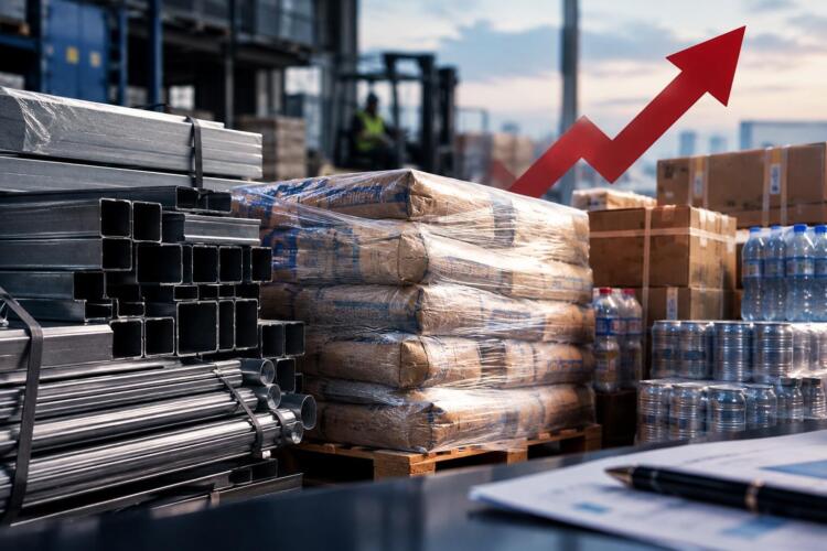 Mercancías y materiales industriales apilados en un almacén mayorista.