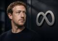 Zuckerberg junto al logo de Meta en superficie tecnológica oscura.