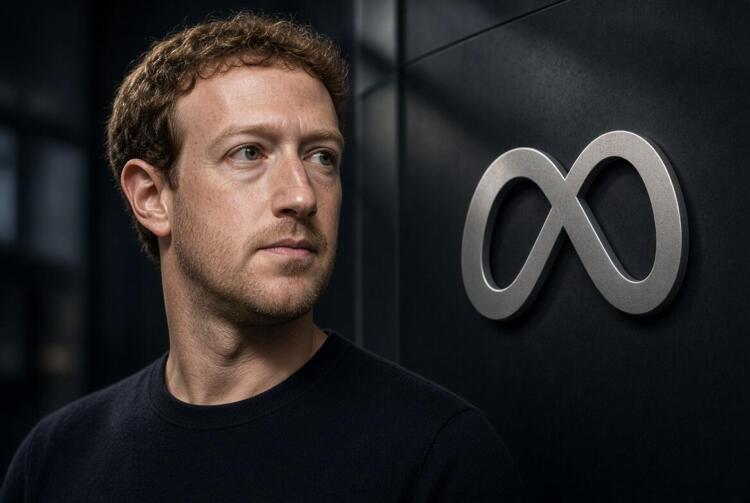 Zuckerberg junto al logo de Meta en superficie tecnológica oscura.