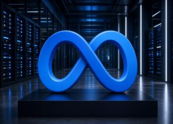Logo azul de Meta sobre pedestal en un pasillo de servidores.