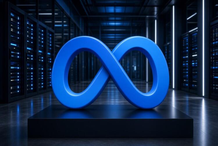 Logo azul de Meta sobre pedestal en un pasillo de servidores.