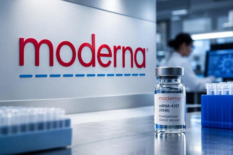 Logotipo de Moderna junto a un vial de su vacuna experimental contra el cáncer.
