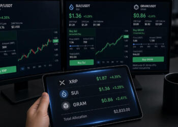Una persona sostiene una tableta con precios de criptomonedas frente a varias pantallas.