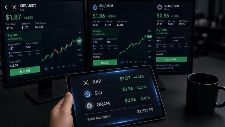Una persona sostiene una tableta con precios de criptomonedas frente a varias pantallas.