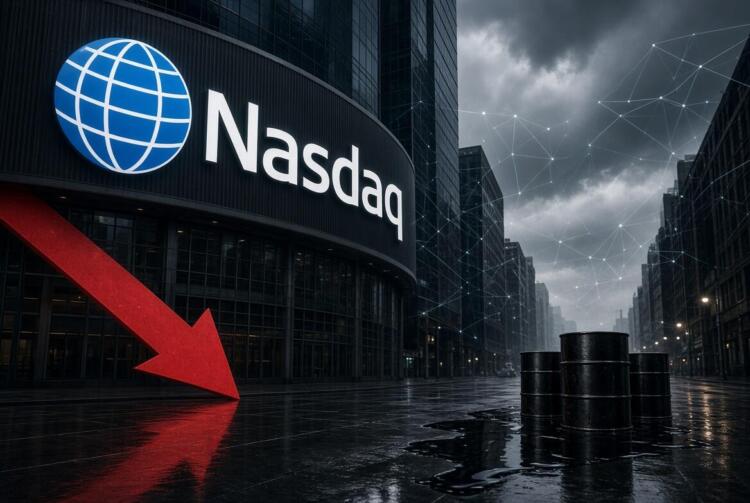 Edificio Nasdaq con flecha roja bajista, barriles de petróleo y red de IA.