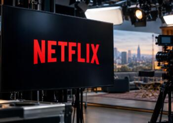 Logotipo de Netflix en una pantalla dentro de un estudio audiovisual.