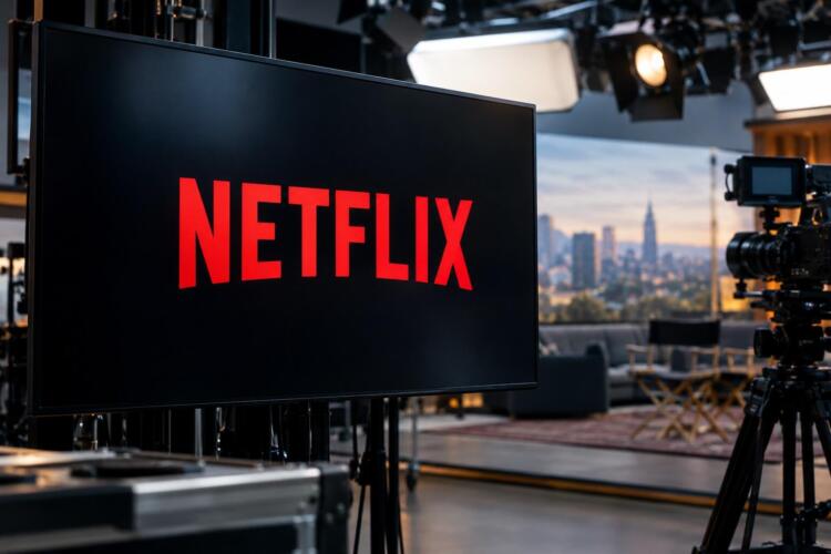 Logotipo de Netflix en una pantalla dentro de un estudio audiovisual.