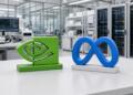 Logos de Nvidia y Meta sobre mesa en laboratorio de IA.