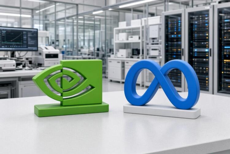 Logos de Nvidia y Meta sobre mesa en laboratorio de IA.