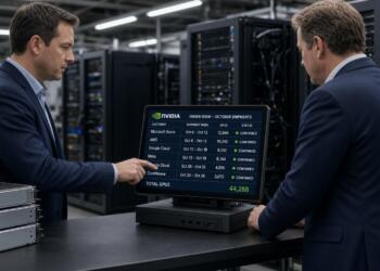 Dos hombres revisan una pantalla de Nvidia con el registro de pedidos de GPU para octubre.