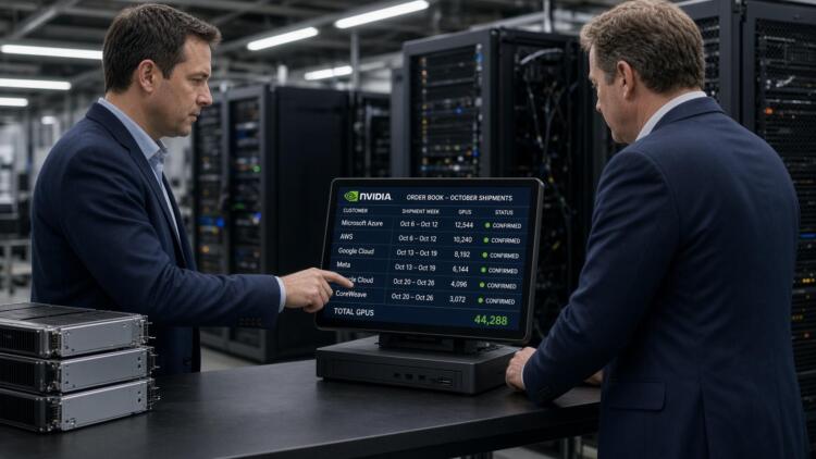 Dos hombres revisan una pantalla de Nvidia con el registro de pedidos de GPU para octubre.