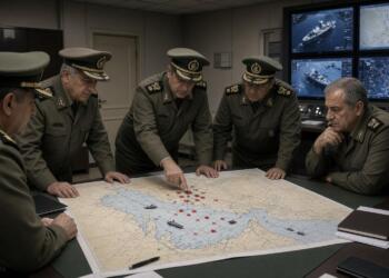 Un grupo de oficiales militares examina un mapa táctico desplegado sobre una mesa.