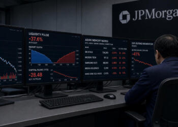 Un operador de JPMorgan observa múltiples pantallas con datos de caídas en acciones de IA.