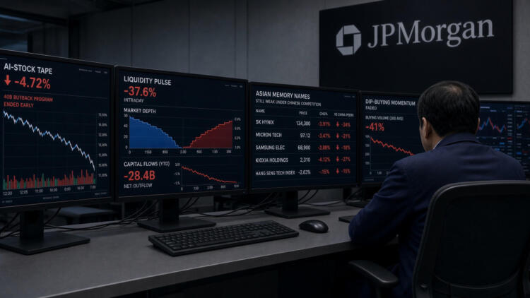 Un operador de JPMorgan observa múltiples pantallas con datos de caídas en acciones de IA.