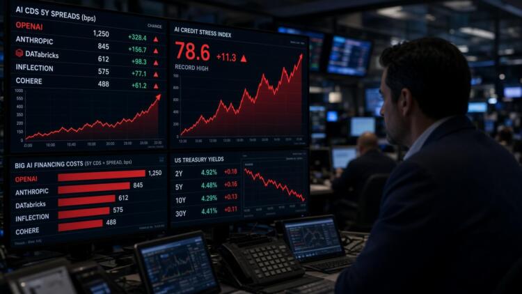 Operador financiero observa pantallas con picos en CDS de IA y rendimientos de bonos.