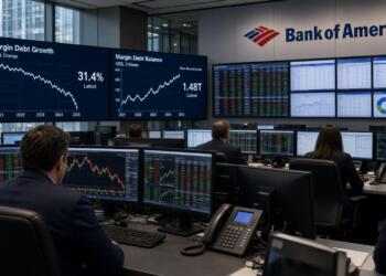Operadores observan pantallas en Bank of America con gráficos sobre deuda con margen.