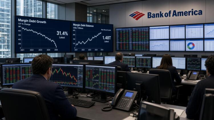 Operadores observan pantallas en Bank of America con gráficos sobre deuda con margen.