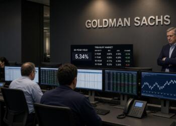 Operadores observan pantallas con rendimientos del Tesoro en oficinas de Goldman Sachs.