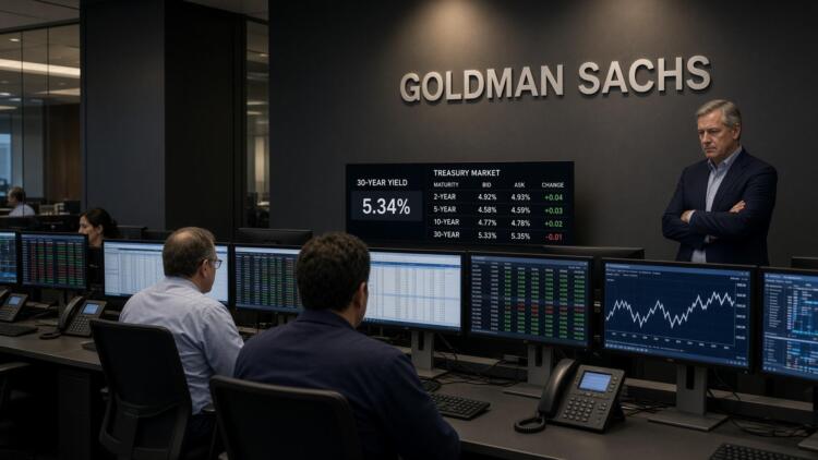 Operadores observan pantallas con rendimientos del Tesoro en oficinas de Goldman Sachs.
