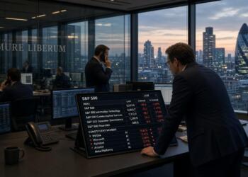 Operadores revisan pantallas con caídas del S&P 500 en la oficina de Panmure Liberum.