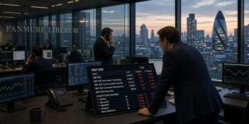Operadores revisan pantallas con caídas del S&P 500 en la oficina de Panmure Liberum.