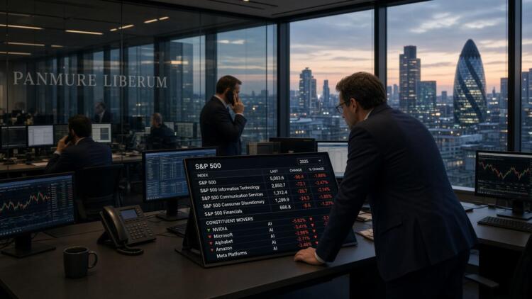 Operadores revisan pantallas con caídas del S&P 500 en la oficina de Panmure Liberum.
