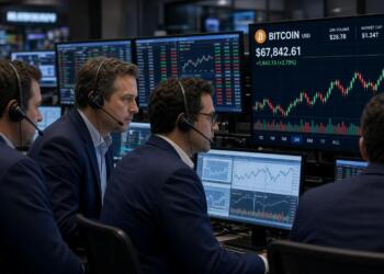 Cuatro operadores con diademas observan pantallas con gráficos bursátiles de Bitcoin.