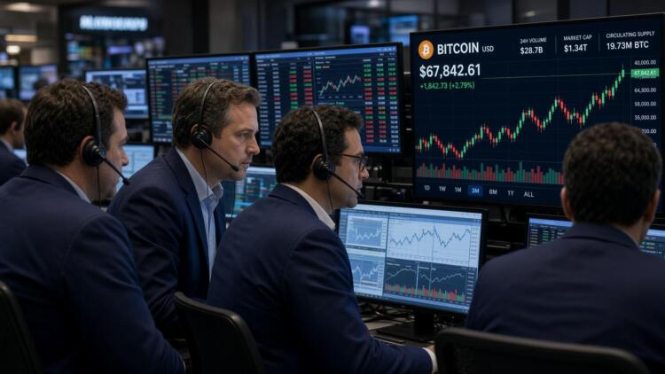 Cuatro operadores con diademas observan pantallas con gráficos bursátiles de Bitcoin.