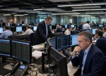 Operadores financieros trabajan en una amplia sala con múltiples pantallas y monitores.