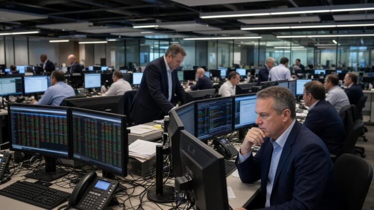 Operadores financieros trabajan en una amplia sala con múltiples pantallas y monitores.