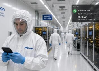 Un trabajador con traje protector en una planta de Micron mira su teléfono móvil.