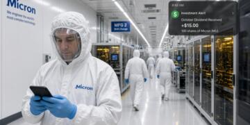 Un trabajador con traje protector en una planta de Micron mira su teléfono móvil.