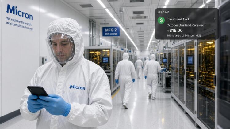 Un trabajador con traje protector en una planta de Micron mira su teléfono móvil.