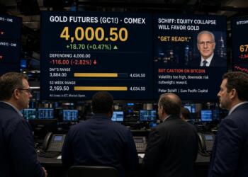 Operadores observan pantallas con el precio del oro superando los 4,000 dólares.