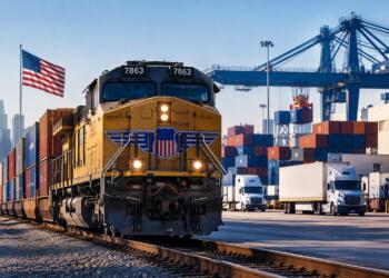 Locomotora de carga en una terminal logística de Estados Unidos.