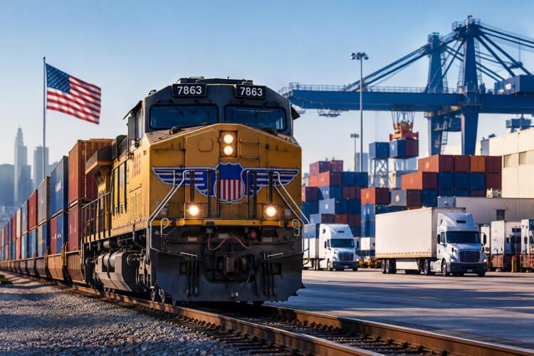 Locomotora de carga en una terminal logística de Estados Unidos.