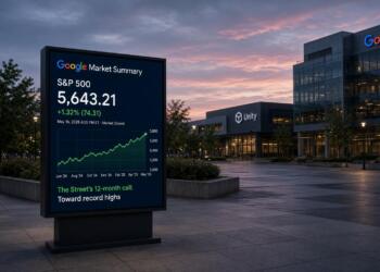 Pantalla informativa de Google muestra el índice S&P 500 al alza frente a un edificio.