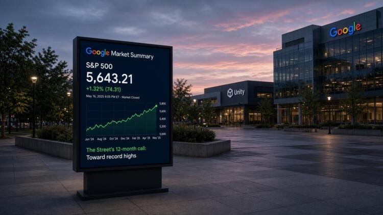 Pantalla informativa de Google muestra el índice S&P 500 al alza frente a un edificio.