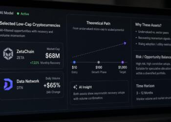 Una computadora muestra una interfaz con oportunidades de criptomonedas filtradas por IA.