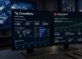 Monitores con paneles de control de CrowdStrike y cotizaciones bursátiles de Palo Alto.